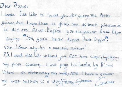 Shannon's thank you letter to Jane, telling her about his first concert and stating his next mission (to get a dog)